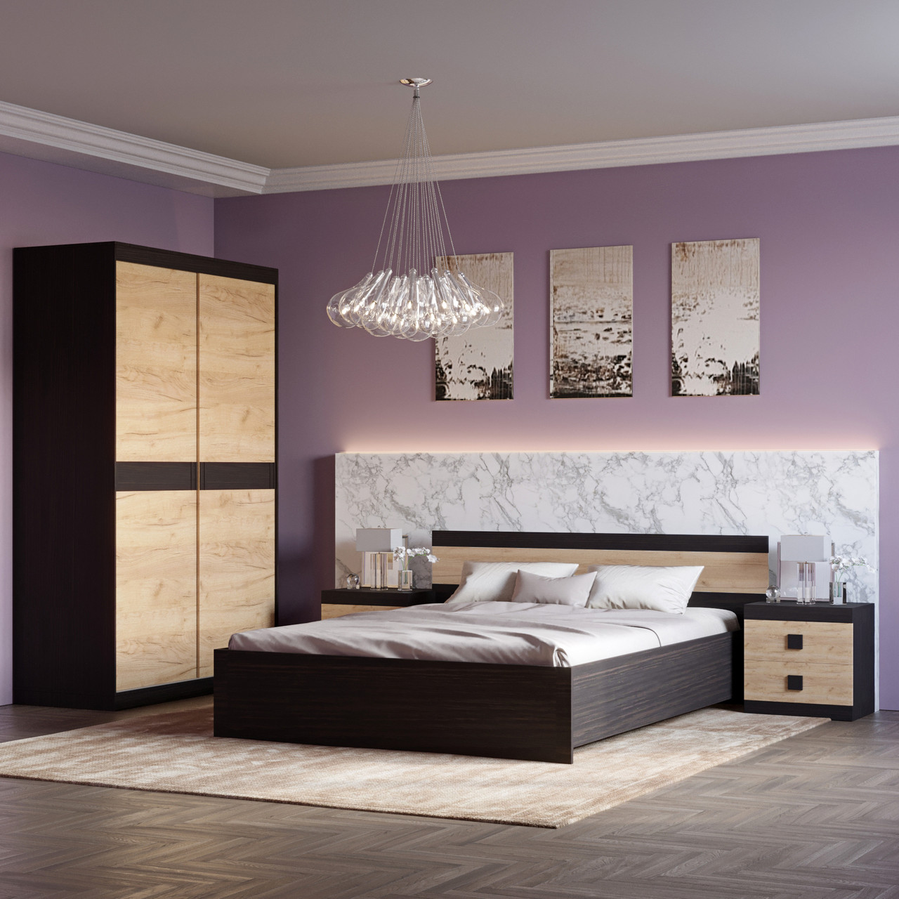 Спальня Соната Еверест Комплект 11 (модульна - 4 елементи) венге темний + дуб крафт золотий (DTM-2641)