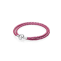 Розовый кожаный двойной плетённый браслет для шармов Пандора