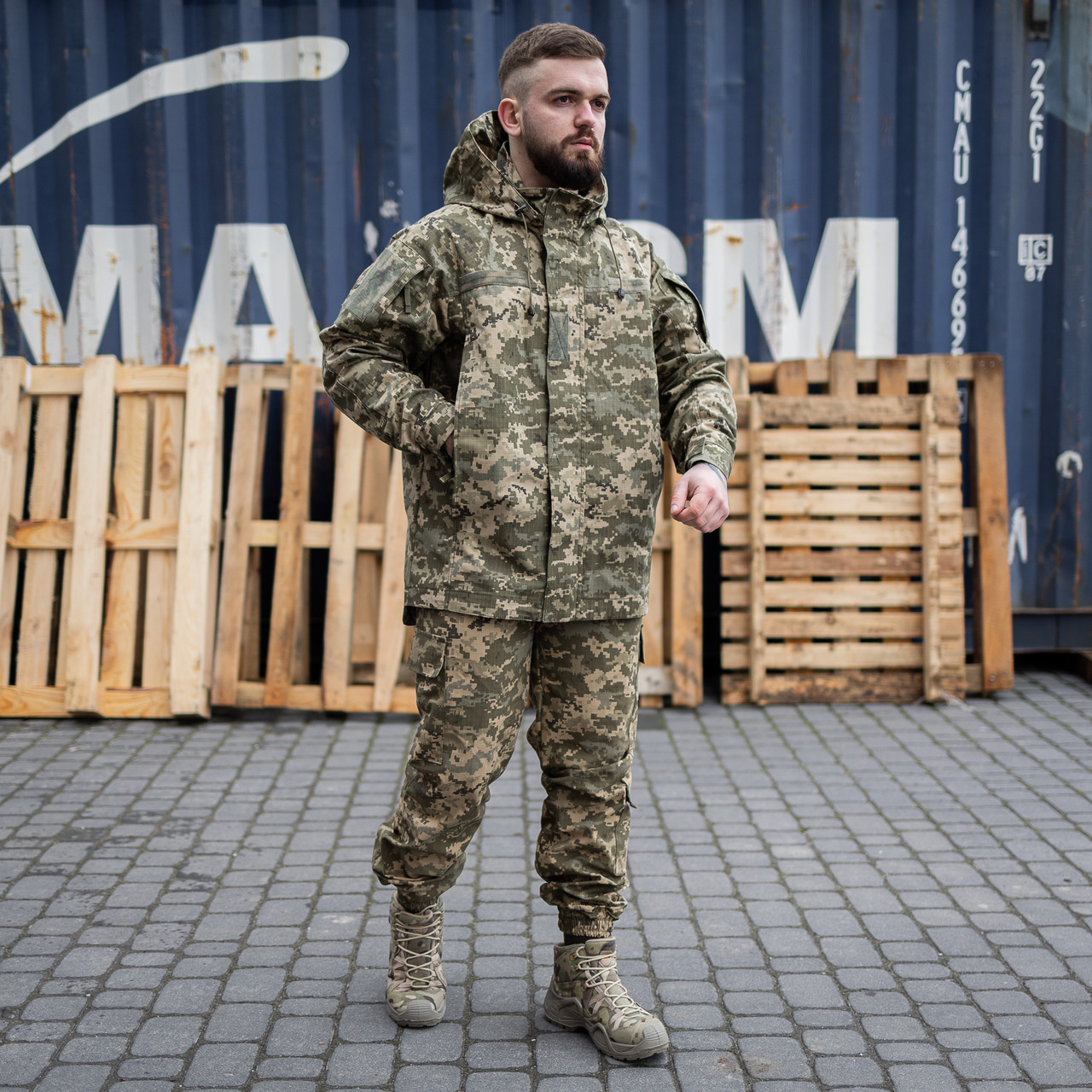 Форма тактична 2в1 (куртка з капюшоном + штани на резинках) Ferox Grifon піксель ріп-стоп (вафелька)