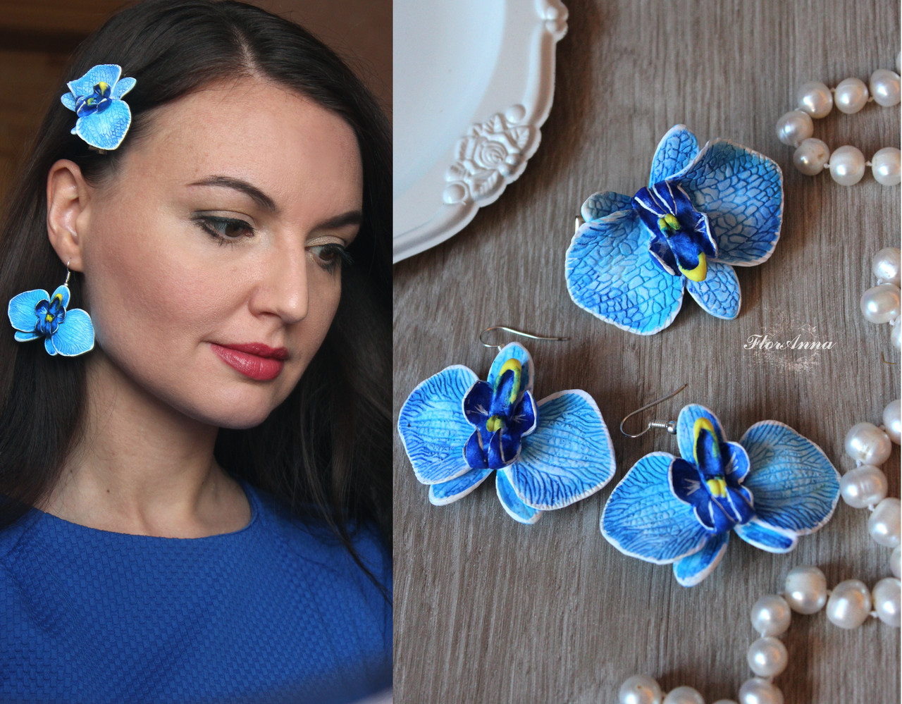 Блакитний набір прикрас ручної роботи з полімерної глини "Блакитні орхідеї" сережки та заколка
