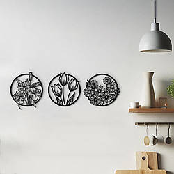 Інтер'єрна картина на стіну, декоративне панно з дерева "Квітковий Рай", стиль мінімалізм діаметр–20 см