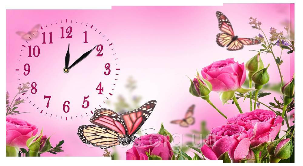 Настінний годинник на полотні Декор Карпати c786 Метелики на трояндах (pZhz88724) SC, код: 1224790