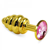 Ребриста анальна пробка з рожевим кристалом Lovetoy Rosebud Spiral Metal Plug 10 см Золото SC, код: 7545234