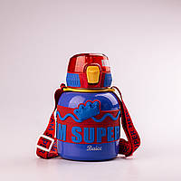 Термос детский с винтовой крышкой Super Hero синий (560 мл) до 6 часов Термос питьевой с ремешком с поилкой