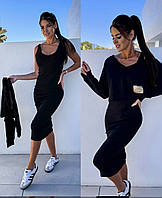 Женский костюм (платье + свитшот), трендовый по фигуре, кофта оверсайз, весеннее платье, черный, 42-52