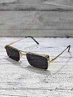 Солнцезащитные очки мужские, прямоугольные, черные в золотистой металлической оправе ( без брендовые )