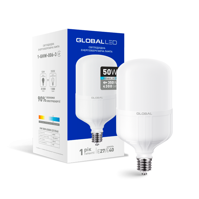 Світлодіодна лампа високопотужна GLOBAL 1-GHW-006-3 50W 6500K E27/Е40 Код.57059