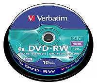 Диск DVD-RW 4.7GB 4x CakeBox 10 шт silver Verbatim 43552