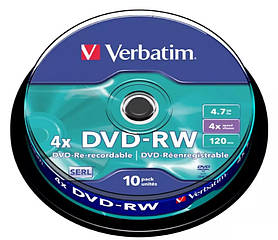 Диск DVD-RW 4.7GB 4x CakeBox 10 шт silver Verbatim 43552