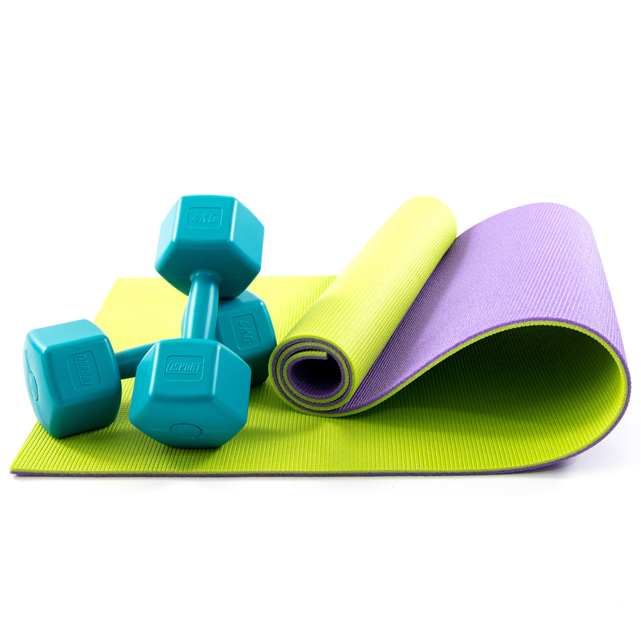 Килимок для йоги, фітнесу, спорту (йога мат, каремат) + гантелі для фітнесу 2шт по 4кг OSPORT Set 79 (n-0109) Салатово-бірюзовий, фото 1