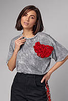 Женская футболка тай-дай украшена сердцем из роз - светло-серый цвет, S (есть размеры)