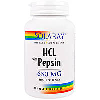 Бетаин HCL и Пеппсин, HCL with Pepsin, Solaray, 650 мг, 100 вегетарианских капсул SM, код: 7689670
