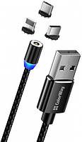 Кабель ColorWay Magnetic USB-Lightning MicroUSB USB Type-C, 2.4А, 1м, Black (CW-CBUU020-BK) ET, код: 1912459