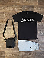 Летний комплект 3 в 1 футболка шорты и сумка Асикс черного и серого цвета