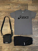 Летний комплект 3 в 1 футболка шорты и сумка Асикс серого и черного цвета
