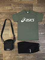 Летний комплект 3 в 1 футболка шорты и сумка Асикс черного и зеленого цвета