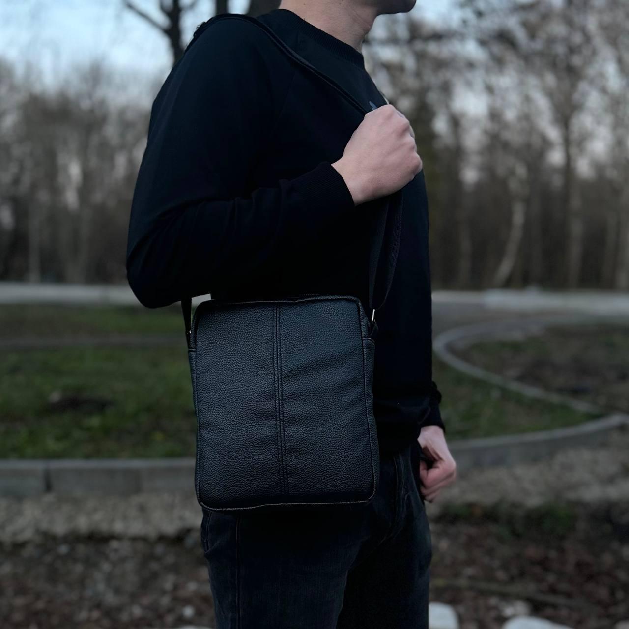 Чорна чоловіча барсетка з екошкіри. Сумка через плече, фото 1