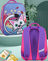 Рюкзак шкільний ортопедичний для дівчинки 1 2 3 клас, каркасний дитячий бузковий портфель з котиком в школу