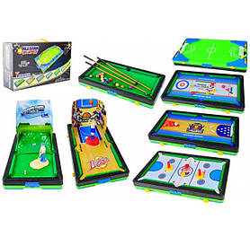 Настільна гра B2112 7 в 1, ігрове поле розміром 47-26см., кий 3шт., кульки, кеглі, фігурки, в коробці 48-28-12см.