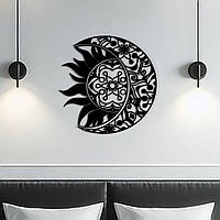 Дерев'яний декор на стіну в спальню, Сучасна картина для інтер'єру "Сонце з Місяцем", стиль лофт 40x40 см