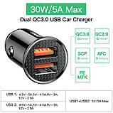 Автомобільний зарядний пристрій Baseus Quick Charge 3,0 2хQC 3,0 довжина 4.6 см, фото 2