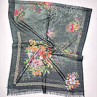 Изысканный весенний шарф палантин с цветочным рисунком. Натуральный женский хлопковый шарф Черно - Зеленый