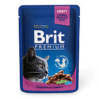Корм Brit Premium Chicken and Turkey влажный с курицей и индейкой в соусе для взрослых котов LW, код: 8452063