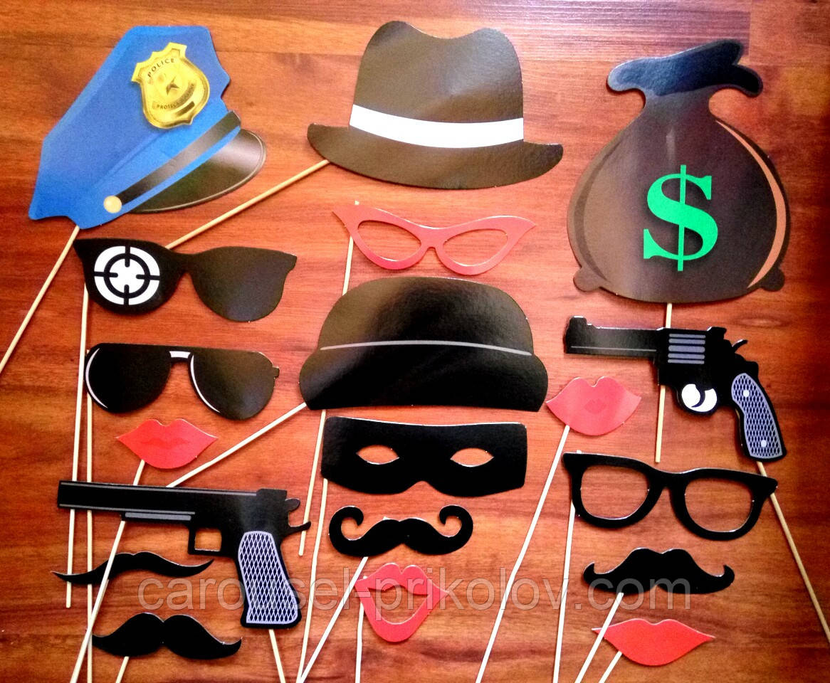 Фотобутафорія поліція кашкета, пістолети, губи, вуса, окуляри, капелюхи 19 предметів