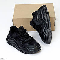 Черные женские кроссовки из натуральной кожи + сетка на массивной подошве и шнуровке 37