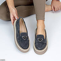 Дизайнерські сірі лофери замшеві натуральна замша на бежевій підошві взуття жіноче