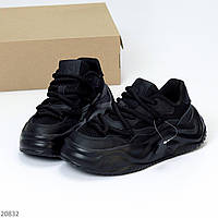 Женские молодежные кроссовки черного цвета из кожи/текстиля, модные черные кеды на массивной подошве