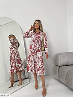 Стильное женское платье расклешенное от талии по колено с рубашечным воротником на пуговицах арт 396 46/48
