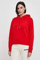 Urbanshop com ua Бавовняна кофта Tommy Hilfiger жіноча колір червоний з капюшоном однотонна РОЗМІРИ ЗАПИТУЙТЕ
