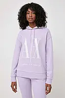 Urbanshop com ua Бавовняна кофта Armani Exchange жіноча колір фіолетовий з капюшоном з аплікацією РОЗМІРИ