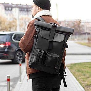 Міський рюкзак Roll top Rytm із еко шкіри чорний з відділенням для ноутбука на 20-25 л ролтоп