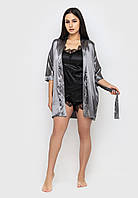 Комплект Синди тройка шелк халат+майка+шорты Ghazel 17111-07 Серый халат Черный комплект 44 PP, код: 7358482