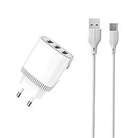 Мережевий зарядний пристрій Aspor A813 (3 USB 3.4 A) + USB-кабель Type-C-білий EV, код: 8372438