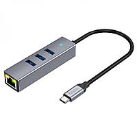 Концентратор USB Hoco HB34 Easy link 4 в 1 Type C to USB3.0 RJ45 1000mbs 155 mm Серый EV, код: 8324423