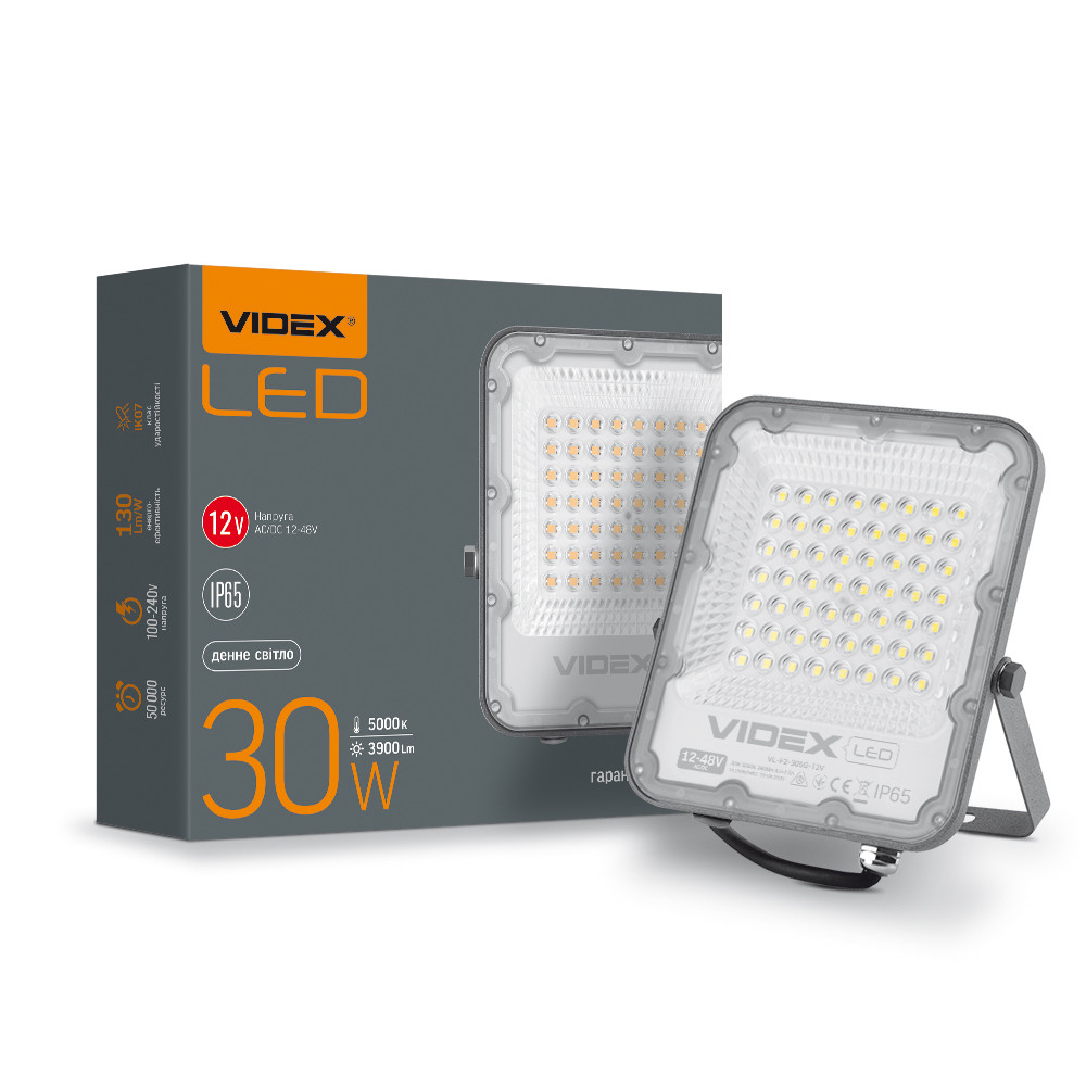 LED прожектор Premium Videx F2 30W 5000K AC/DC12-48V VL-F2-305G-12V 25960