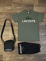 Летний комплект 3 в 1 футболка шорты и сумка Лакост черного и зеленого цвета