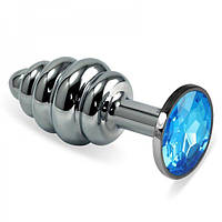 Рельефная анальная пробка с голубым камнем Lovetoy Rosebud Spiral Metal Plug 10 см Серебро AG, код: 7543148