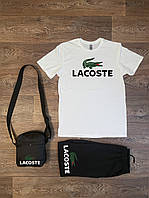 Літній комплект 3 в 1 футболка шорти та сумка Лакост чорного й білого кольору