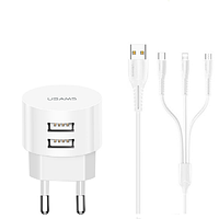 Адаптер USAMS сетевой Travel Charging Kit Sing-Tu T20 2USB 2.1A Round Travel+U35 3IN1 cable(Type-c, MicroUSB,