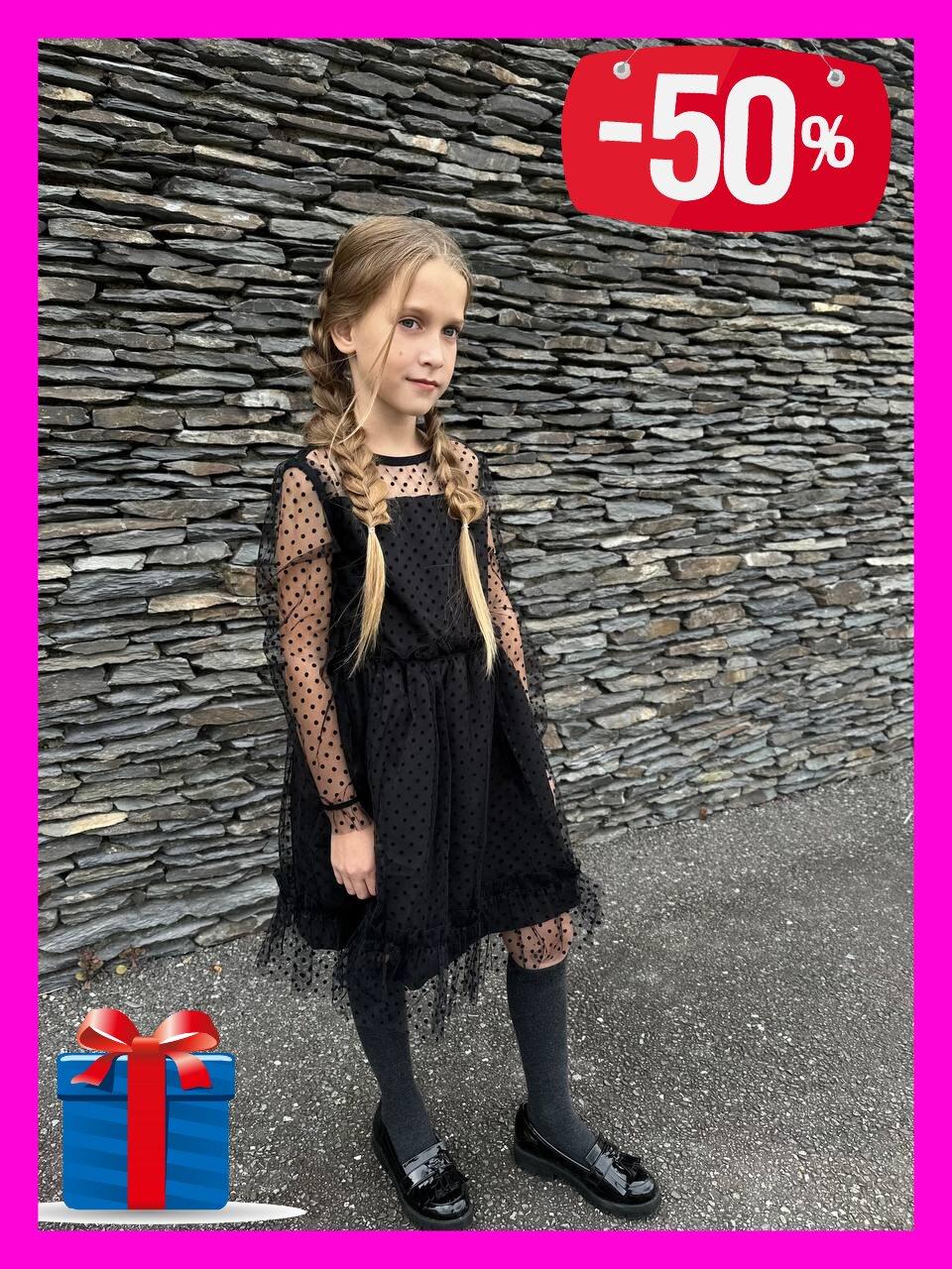 Дитяча сукня сітка шифон чорна Сукня для дівчинки пишна в горошок сіточка костюмка