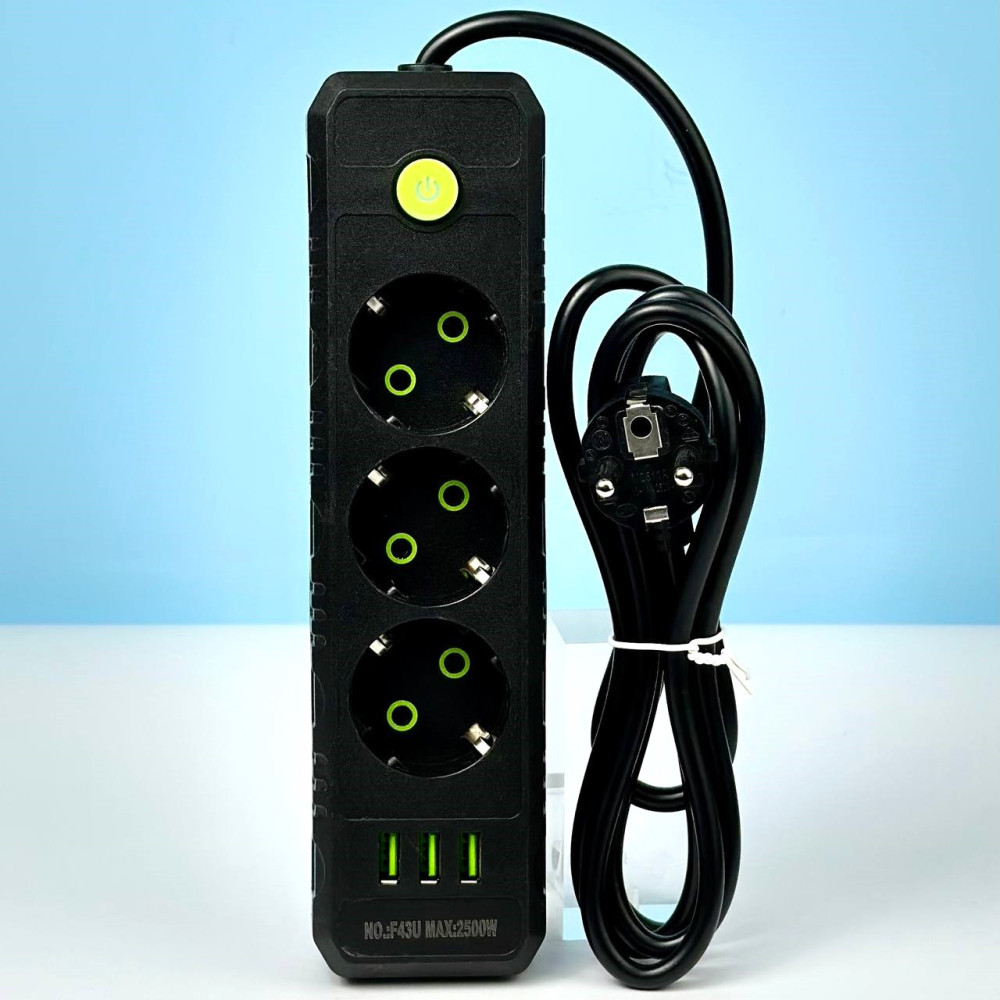 Подовжувач мережевий переноска 4 метри на 3 розетки + 3USB UA Power F43U Чорний 45283