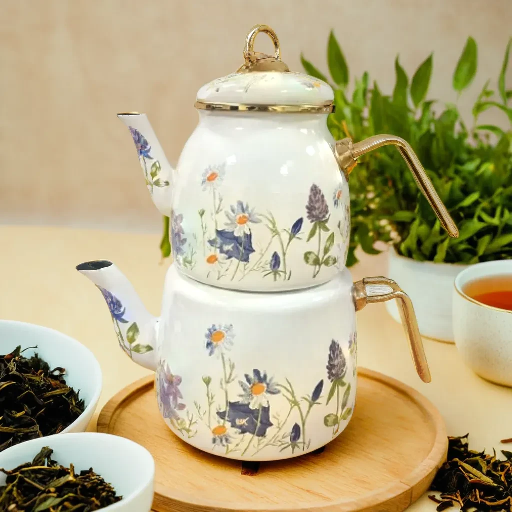 Емальований ексклюзивний чайник подвійний турецький для всіх видів плит Квіти