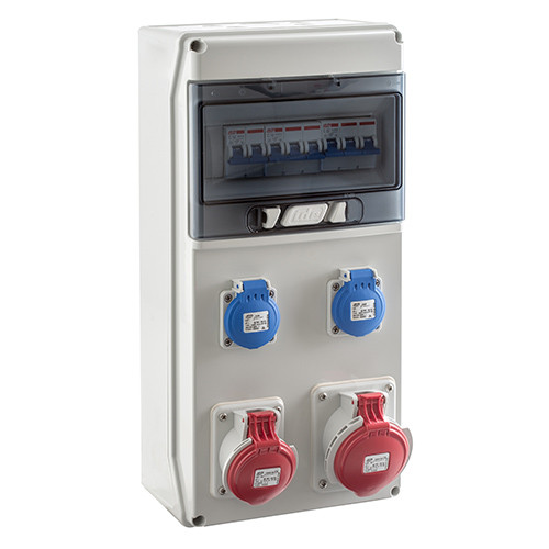 Щит з розетками 2xSchuko, 16A 4P, 32A 4P, IDE CSN9PT/RR на 9 модулів IP44 захист (2xС16/1, C32/3, C16/3 6kA), фото 1