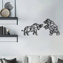 Інтер'єрна картина на стіну, декор для кімнати "Геометричний ведмідь і бик", оригінальний подарунок 40x18 см