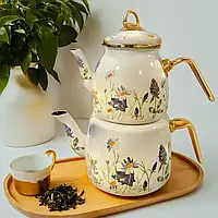 Емальований турецький чайданлик "Квіткова галявина" 3 л, Подвійний чайник для турецького чаю із заварником