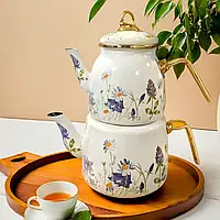 Подвійний гарний емальований чайник "Квіти" для турецького чаю, Двоповерховий турецький чайник із заварником